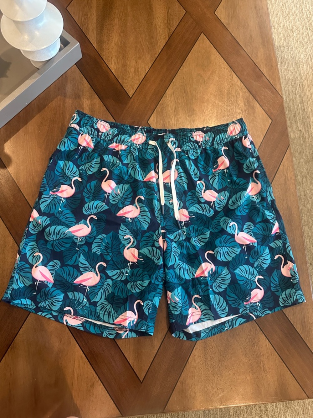 Men's Teal Tropical Flamingo Swim Trunks with Drawstring